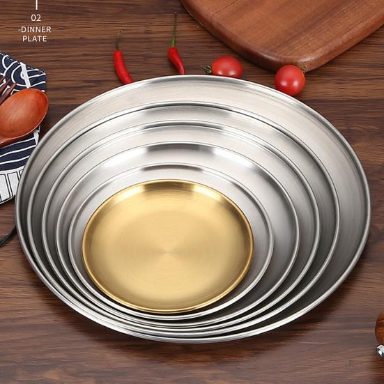 Round Dinner Plate Serving Platter Stainless Steel Barbecue Tray Korean Style Serving Dish Fruit Dessert Steak Plate