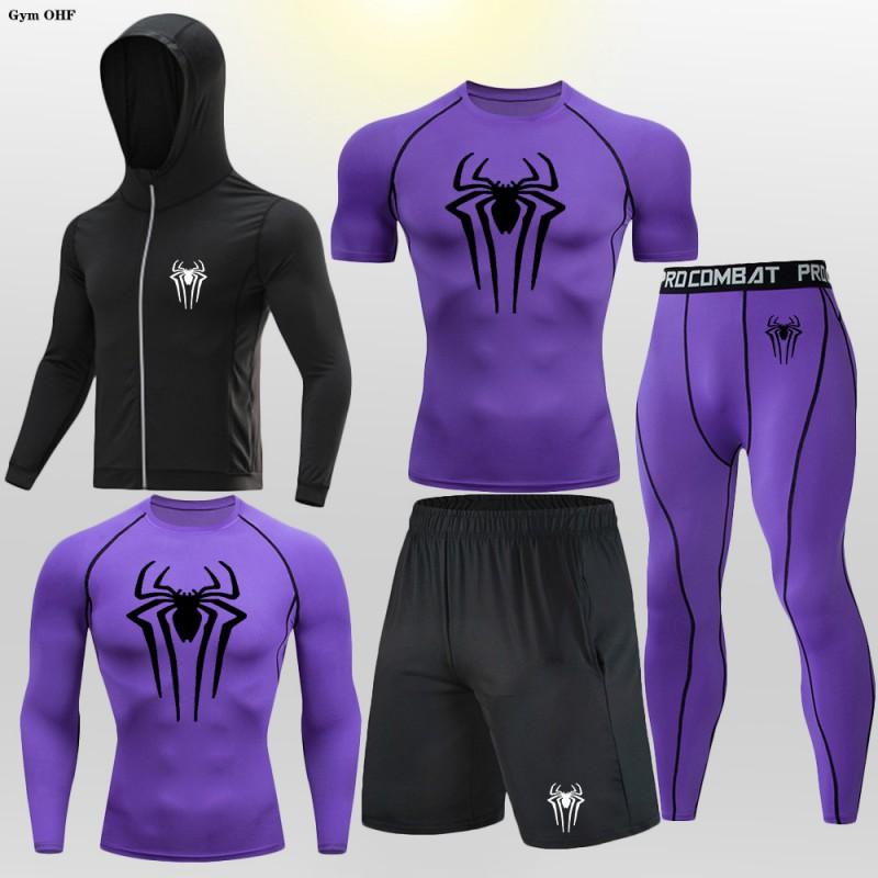 Mens Compression Fitness Set 5pcs Running Gym Workout Suit Long Sleeve Hooded Tight Sportswear Breathable Quick Dry
