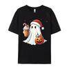Cute Santa Ghost Drinking Coffee Latte Christmas Pajamas T-Shirt Fashion Crew Neck Man Tops Tee Plus Size For Male