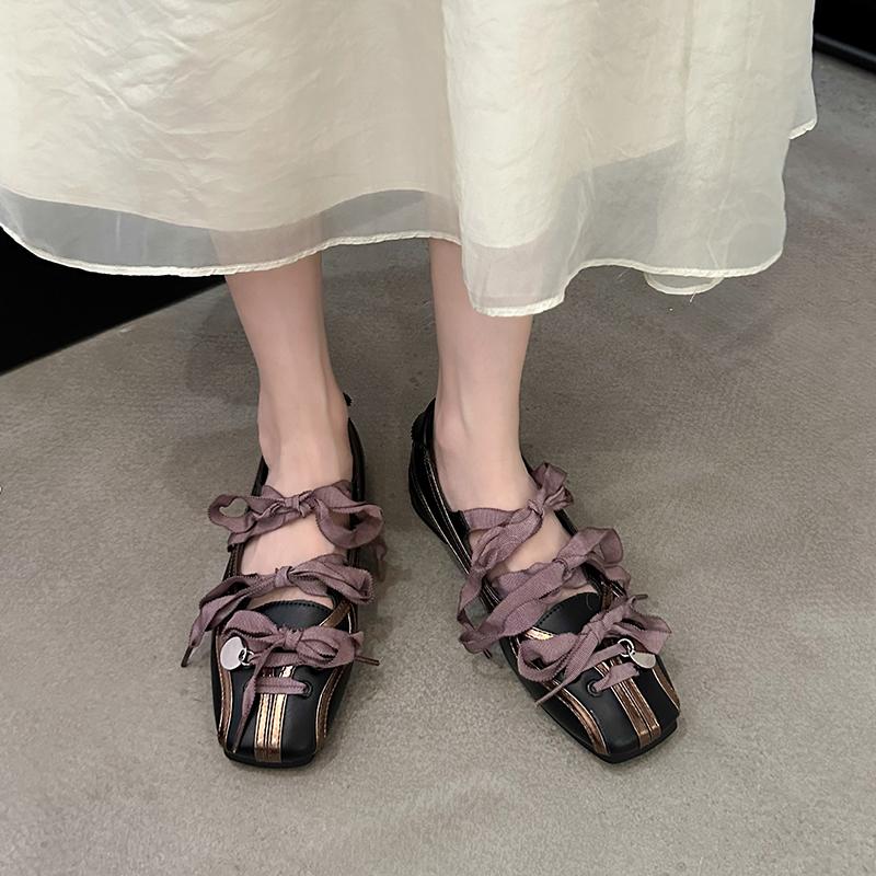 Fashion Women's Flat Shoes Autumn New Square Head Shallow Mouth Butterfly Knot Soft Sole Anti-slip Wear-resistant Single Shoes