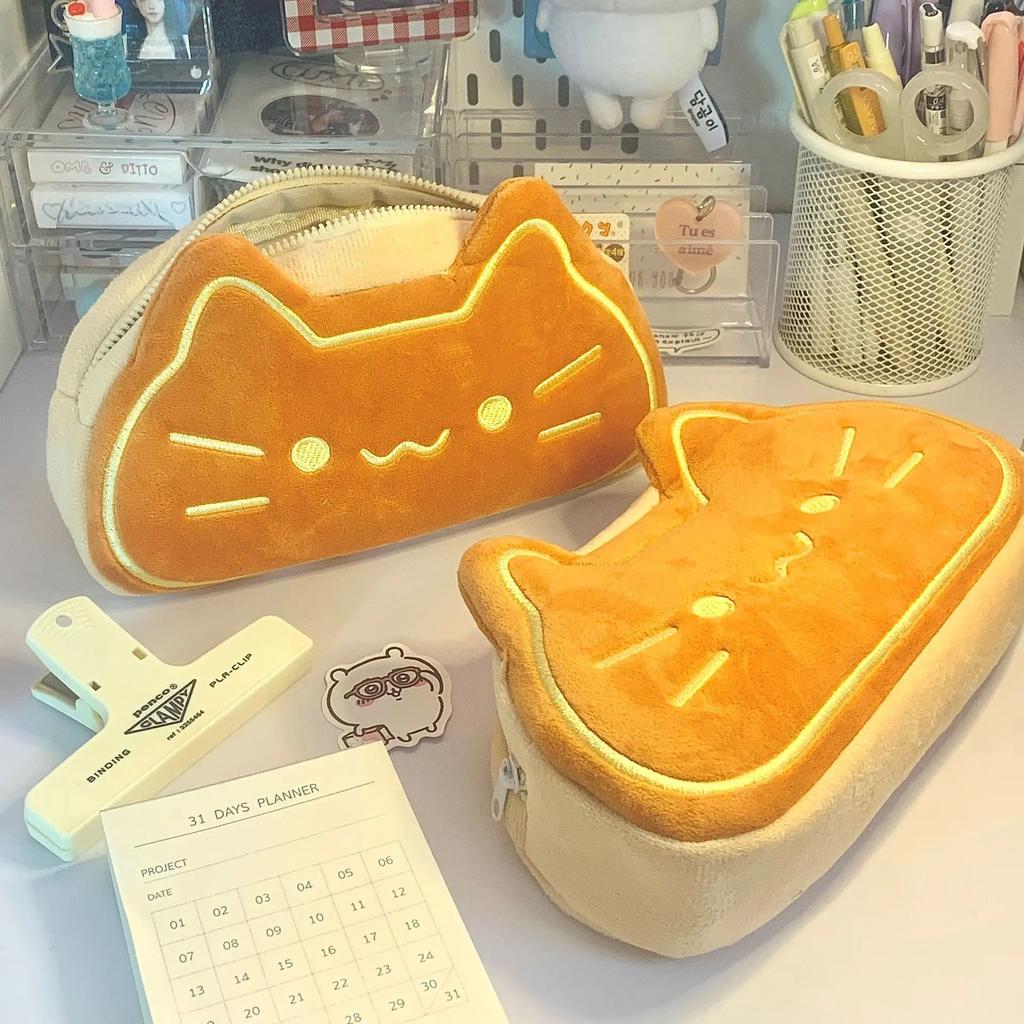 Cute Cat Caramel Bread Plush Pencil Bag Kawaii Student Large Capacity Stationery Bag Kitten Pencil Pouch Back To School Supplies