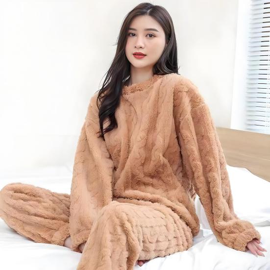 Комплект из 2 предметов унисекс, зимняя пижама, круглый вырез, однотонный утолщенный коралловый флис, домашняя одежда, топ, штаны, комплект, свободная домашняя одежда, комплект для сна для пары