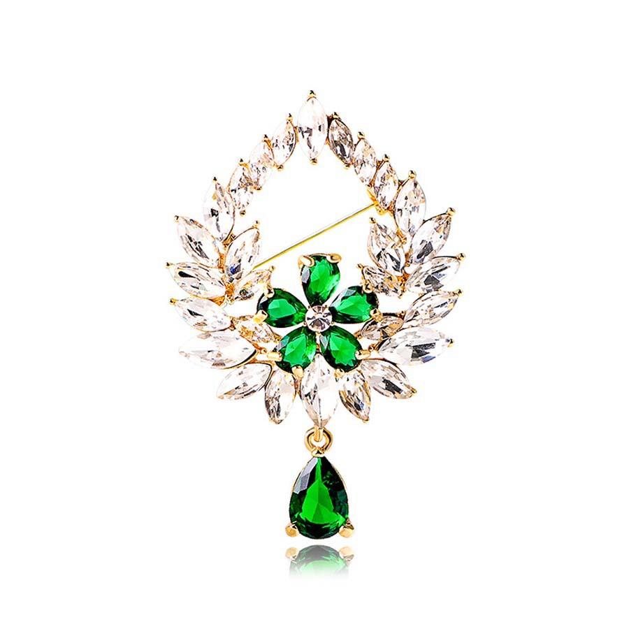 Temperament Green Water Drop Fringed Brooch High-End Gift Hollow Flower Pin Niche Ins Brooch Collar Pin Accessories