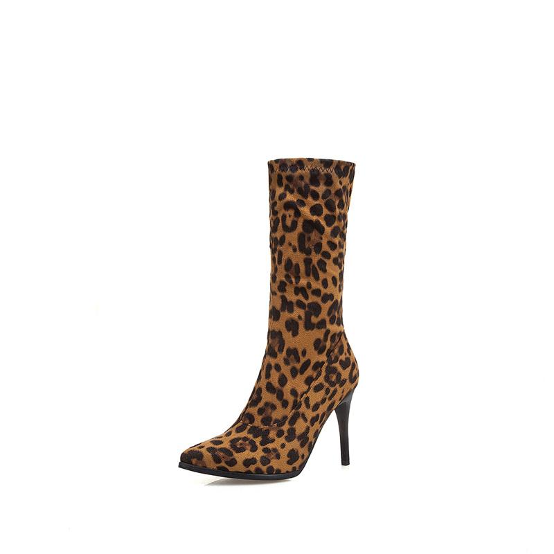Модные мягкие эластичные тонкие леопардовые сапоги женские осенние сапоги с острым носком до середины голени сексуальные короткие высокие каблуки женские черные белые танцевальные туфли женские