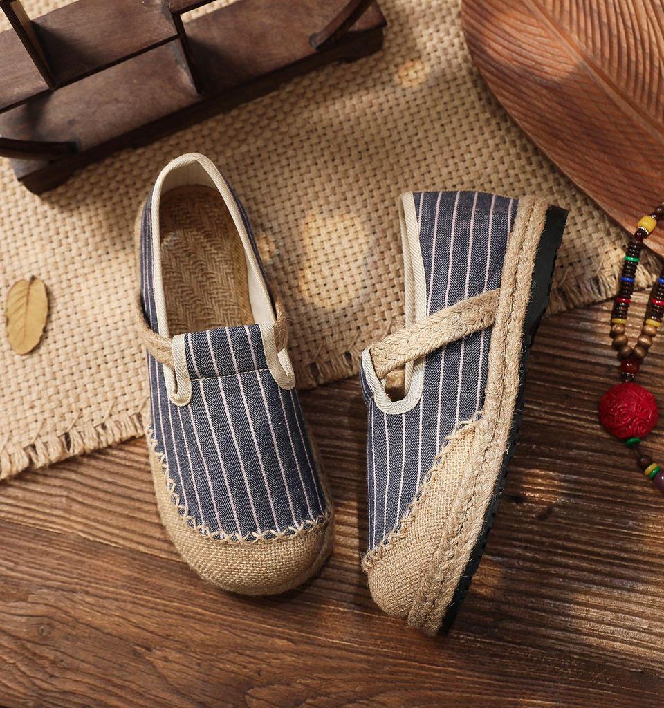 2025 Women’s Trendy Slip-On Shoes: Spring & Fall Vertical Stripe Cotton-Linen, College Style, Round Toe Hemp Design