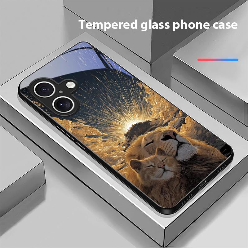 Милый кот и серый лев Для Для iPhone 17 Air 16E 15 14 13 Plus 12 mini 11 17 Pro Max XR Xs 7 8 Черный чехол для телефона из закаленного стекла