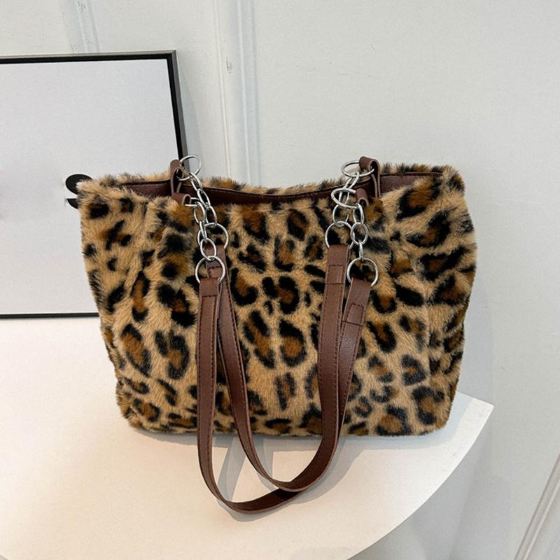 Теплая плюшевая сумка через плечо с леопардовым узором для путешествий, женская, большая вместительная сумка-тоут с цепочным декором, винтажная мягкая сумка из искусственного меха с ручкой сверху, MIT