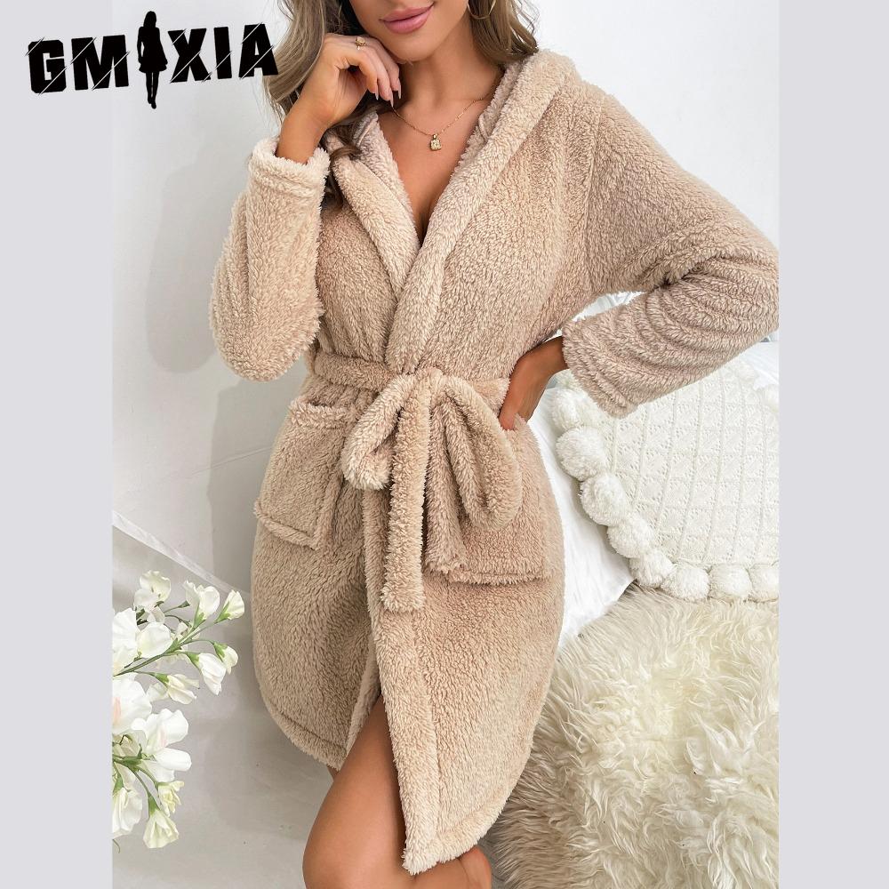GMXIA Женский фланелевый халат для отдыха, утолщенный, повседневный, простой, удобный, банный халат с капюшоном и поясом, пижама