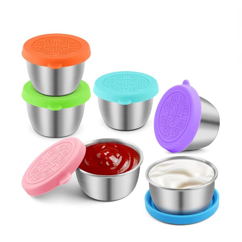 6pcs High Quality Sauce Cup, 304 Stainless Steel Seasoning Plate, Silicone Lid, Leak Proof Tomato Salad Container, Dipping Dish