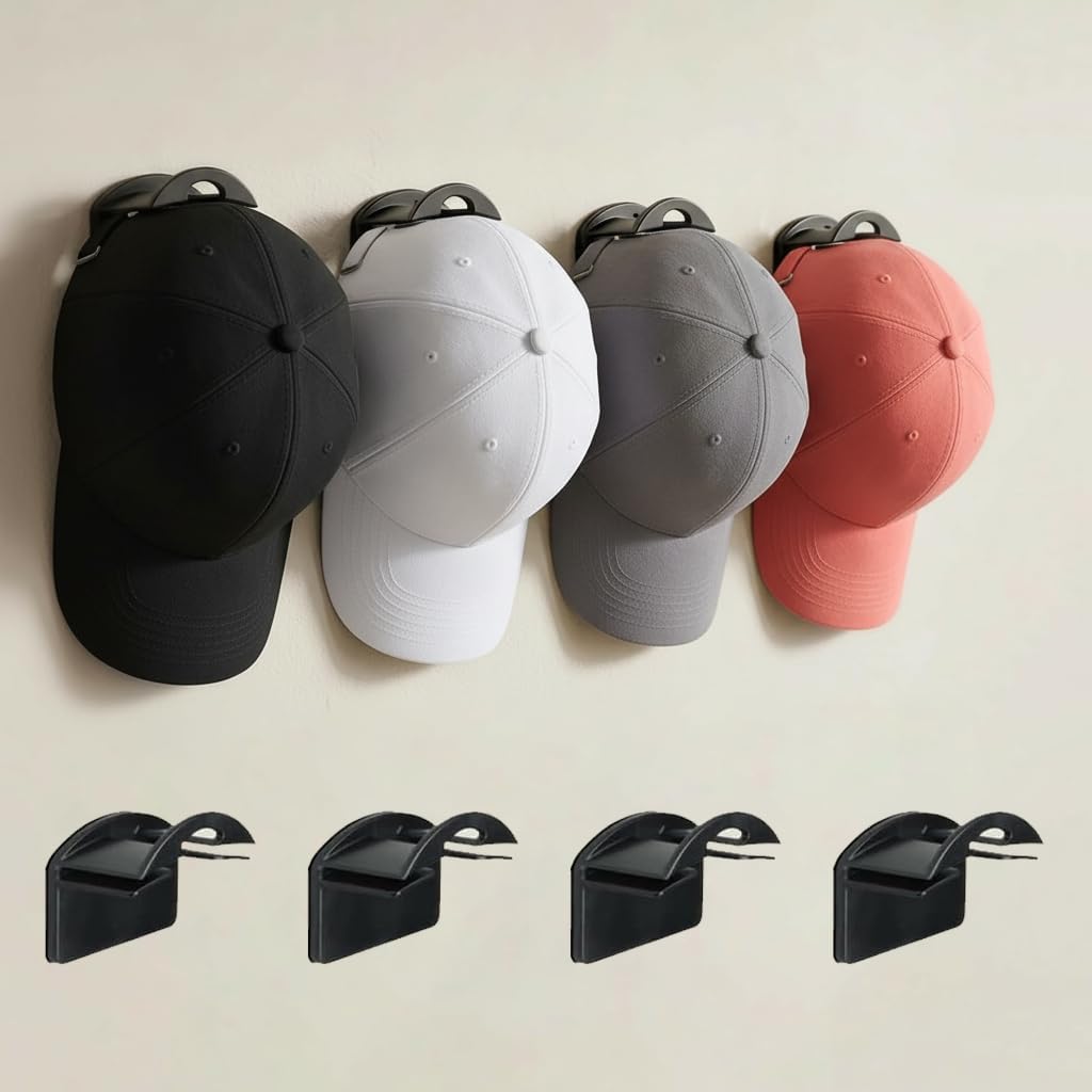 5-Pack Adhesive Hat Hooks for Wall - Minimalist Baseball Cap Organizer & Display Rack - No Drilling Sticky Hat Hangers for Door, Closet & Room Decor
