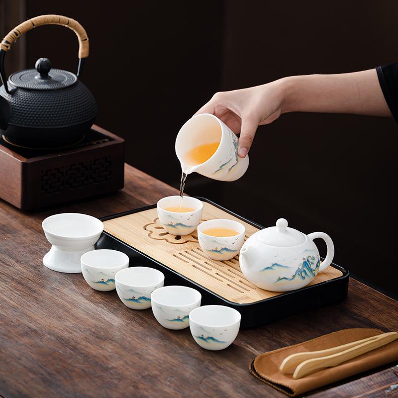 New Chinese suet jade Xishi pot tea set Kung Fu tea set portable business gift light luxury gift box print