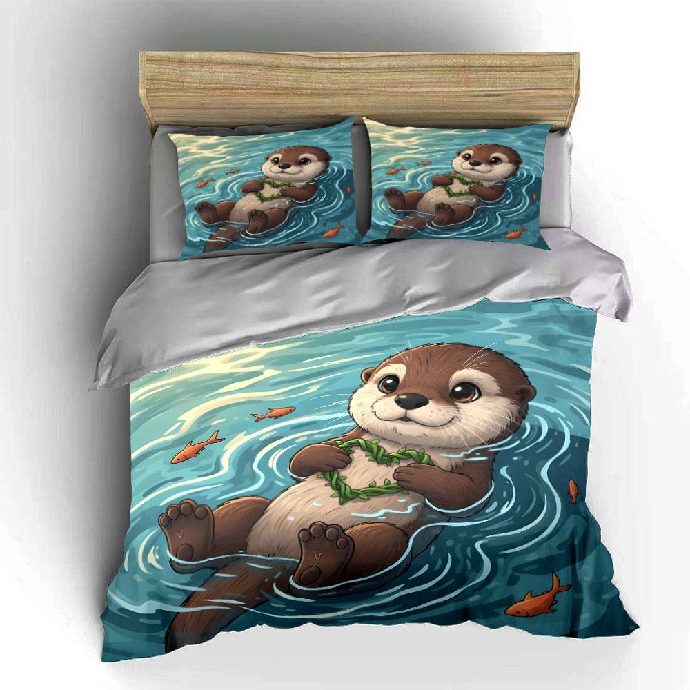 Cute Otter Floating with Heart Bedding Duvet Cover Set (1*Duvet Cover 2*Pillowcases, without duvet insert)