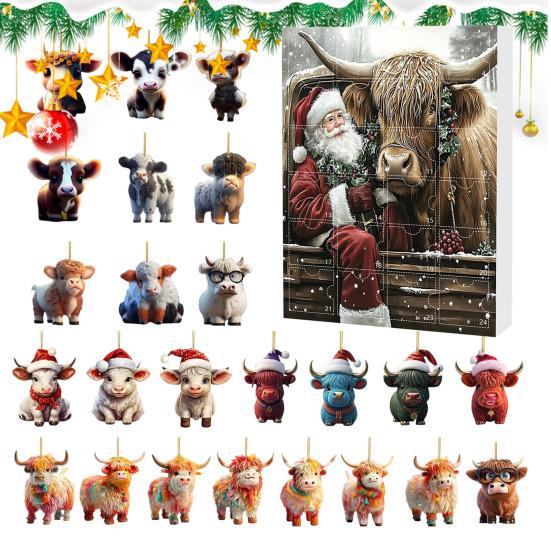 Highland Cow Ornaments Advent Calendar 2025 24 Days Christmas Countdown Calendar with Cartoon Cows Ornament for Xmas Tree Decor