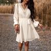 Женское весенне-осеннее однотонное кружевное платье средней длины с высокой талией и длинным рукавом с v-образным вырезом
