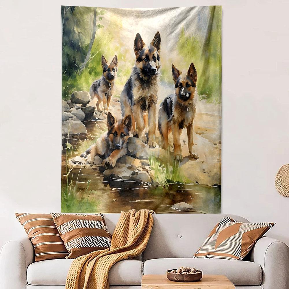 "German Shepherds by a Stream" Patterned tapestry home decor, suitable for bedroom and living room, gift