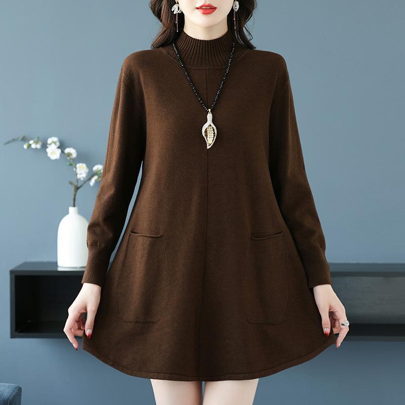 Свитер с полувысоким воротом большого размера, свободный и повседневный пуловер средней длины для женщин, однотонное вязаное платье А-силуэта
