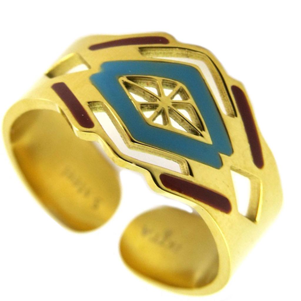 Les Trésors De Lily [P7037] - Дизайнерское стальное кольцо «Бохо» коричневое золото с бирюзой - ширина 10 мм