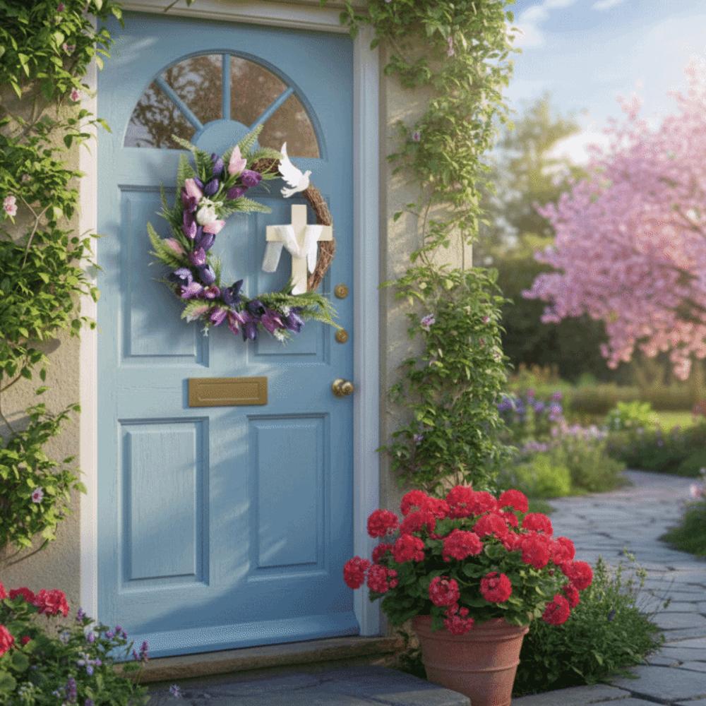 Faux Flowers Easter Tulip Cross Wreath Colorful Design Handmade Rattan Ring Garland Artificial Front Door Hanging Garlands