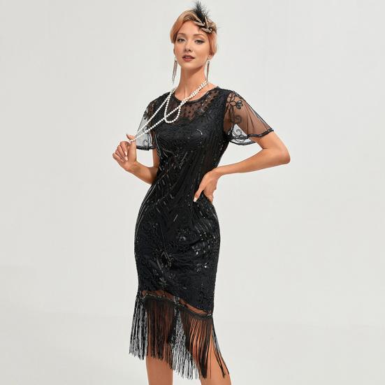 Женское выпускное платье в винтажном стиле с ажурным кружевом, кисточками и пайетками, прозрачным круглым вырезом, короткими рукавами, облегающим фасоном, застежкой-молнией сзади, банкетное платье