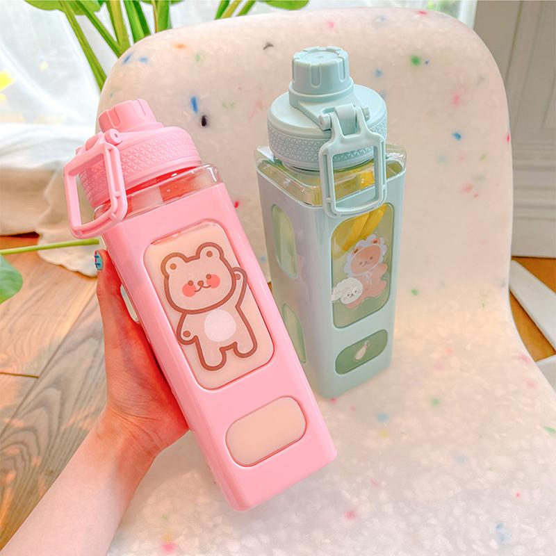 Kawaii Bear Water Bottle For Girls Cute Plastic School Gym Drinking Bottle With Straw Juice Bubble Tea Cups BPA Free 700