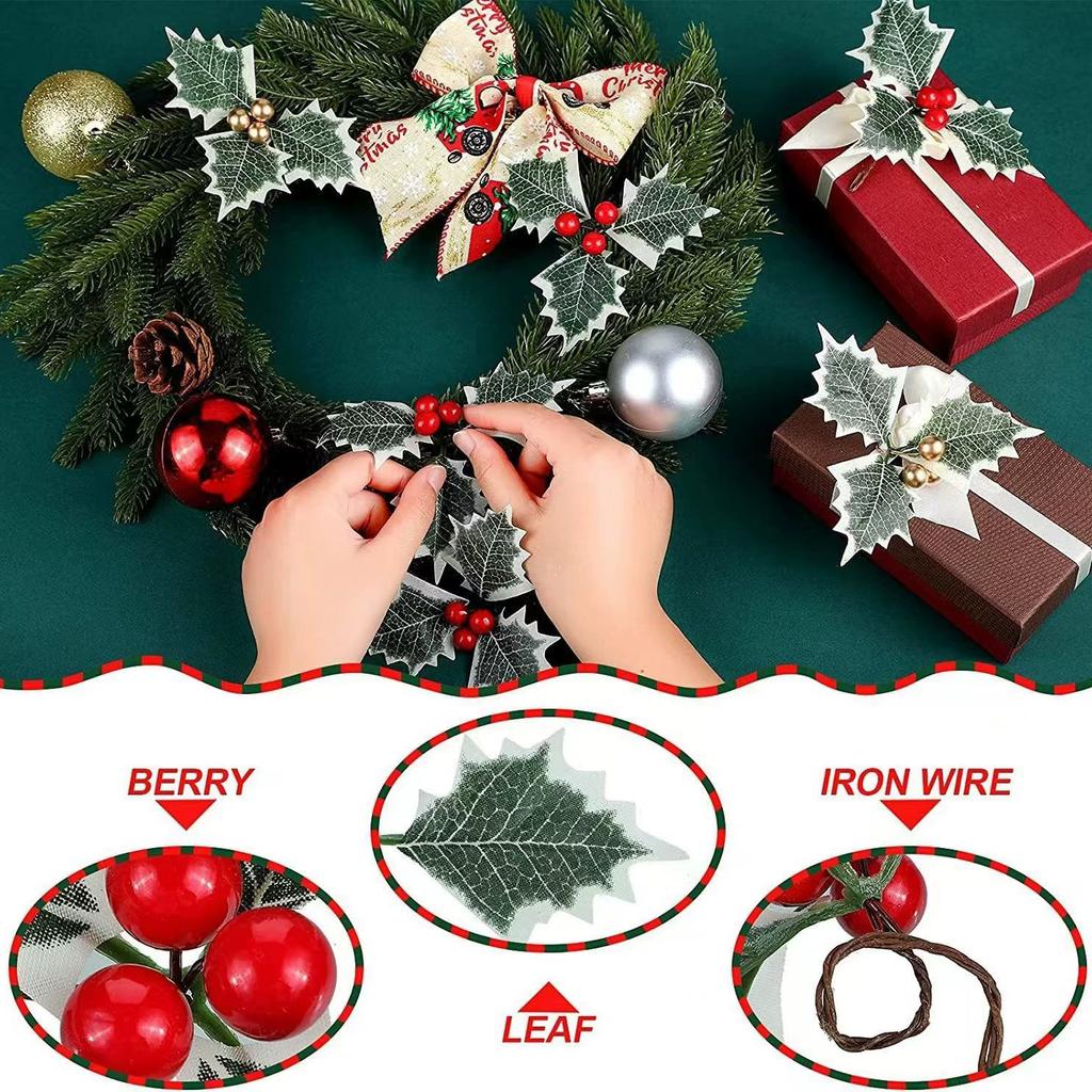 50/10 шт. Искусственные ягоды падуба с зелеными листьями DIY Рождественский венок Свадебные цветы Подарки Рождество Новый год Праздничные украшения