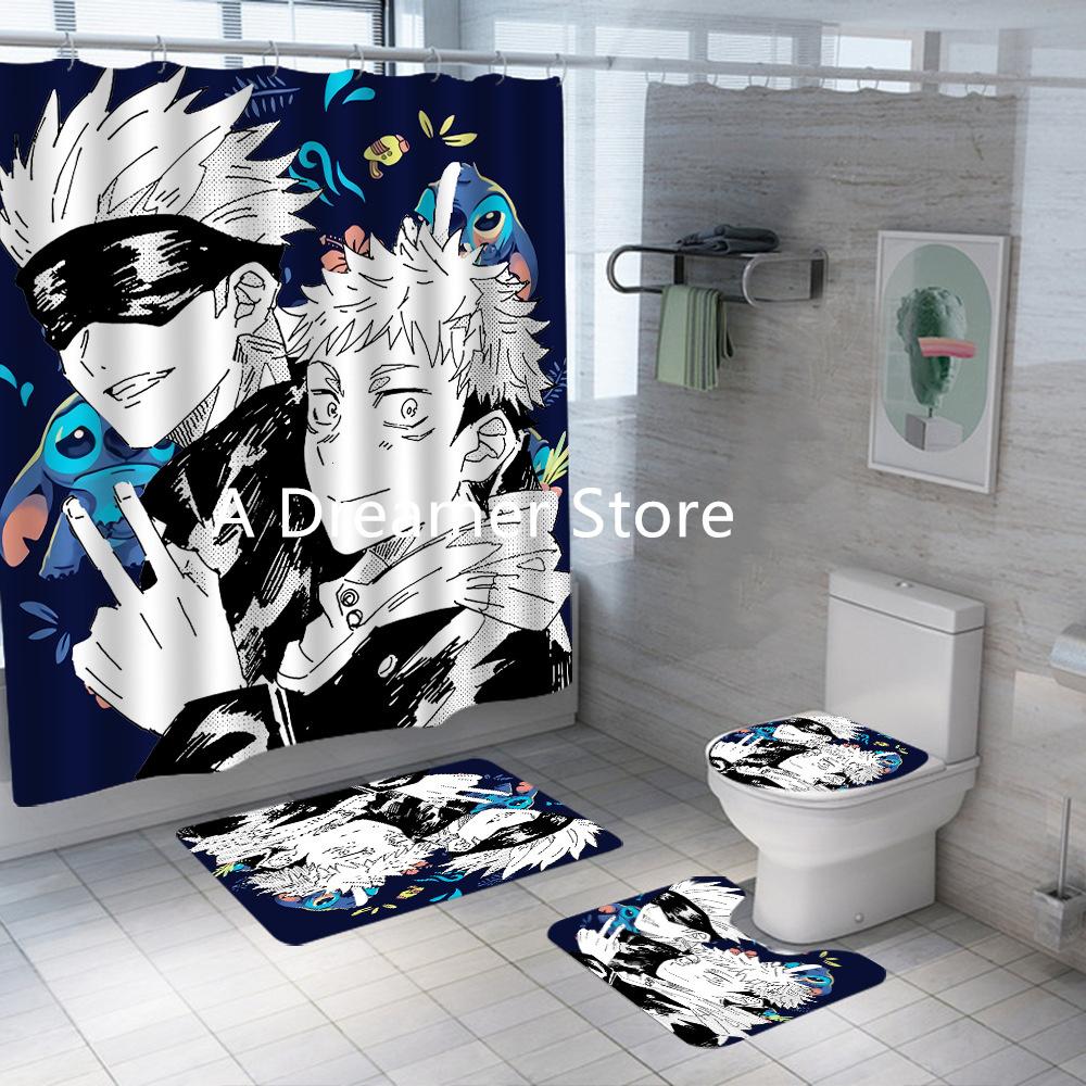 New Anime Jujutsu Kaisen Shower Curtain Set 4Piece Waterproof Polyester Bathroom Curtains For Adults Boys Decor Bath Mats Rugs