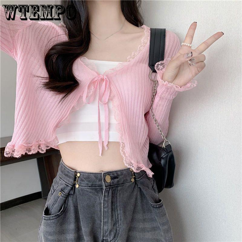 Summer Lace Cropped Sunscreen Cardigans Women New Basics Slim Lace-up Long Sleeve Thin See Through Knitted Tops 4 Colors