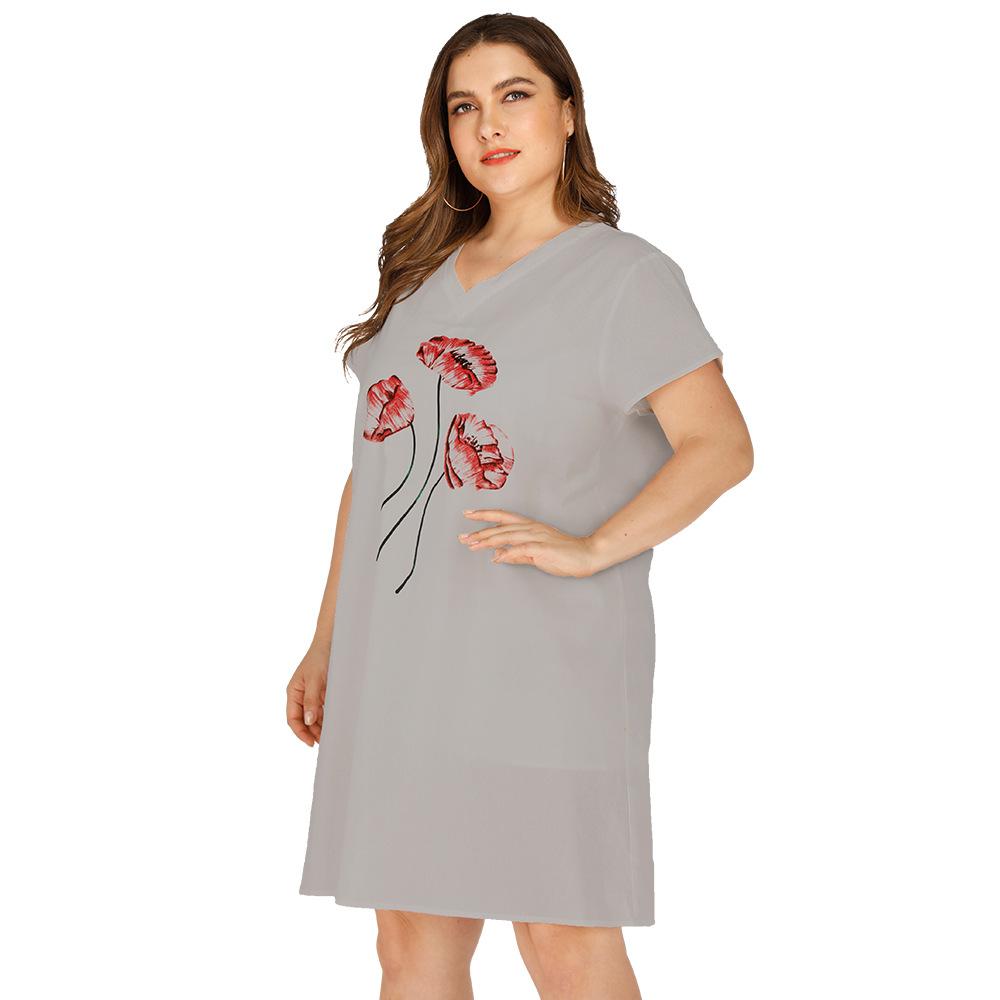 Summer Women's Dress Large Size V-neck Casual Print Loose Short-sleeved Dress