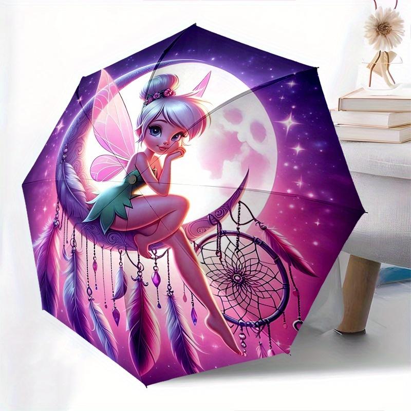 Disney Tinker Bell Moon Automatic Open/Close Umbrella - Cute Umbrella with Cute Design, Portable 3-Fold Compact Umbrella for Men & Women, Va