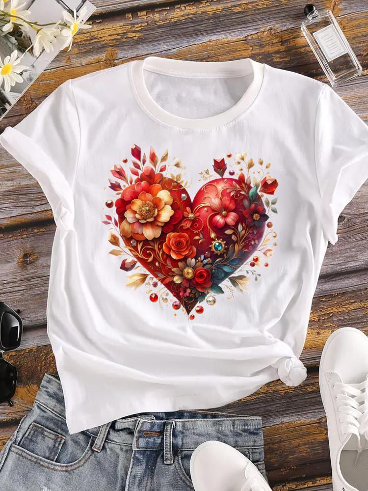 (Азиатский размер) модный love heart цветок футболки Печатная одежда Женская с круглым вырезом С коротким рукавом Женский топ Повседневная футболка Модная женская графическая футболка