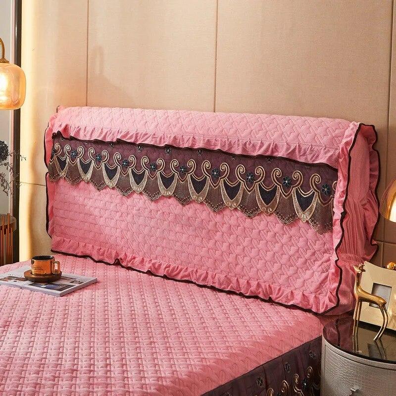 Lace Headboard Cover for Queen Bed Plush Velvet Double Size King Quilted Anti-collision Full Coverage Back Protector with Pocket
