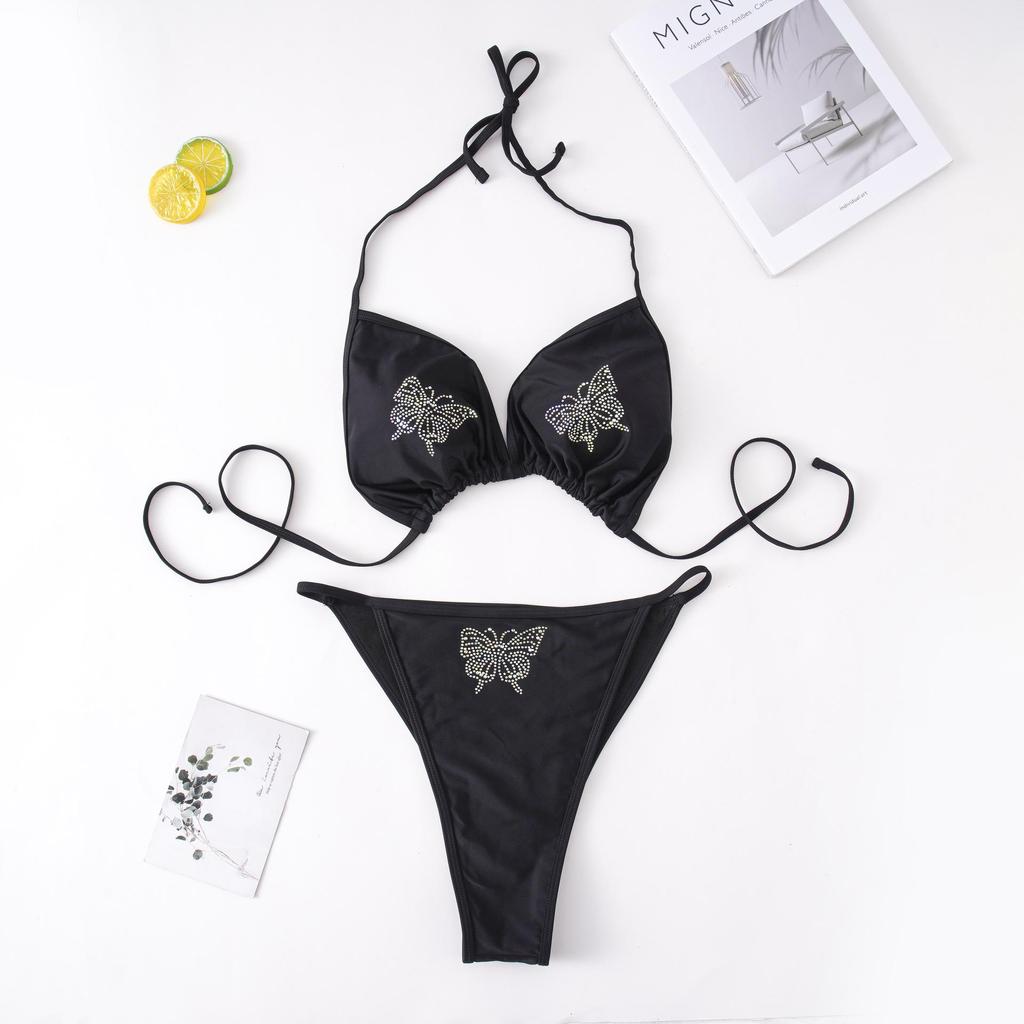 European & American Plus Size Rhinestone Lace-up Swimsuit - Hot Selling Solid Color Bikini ZY066
