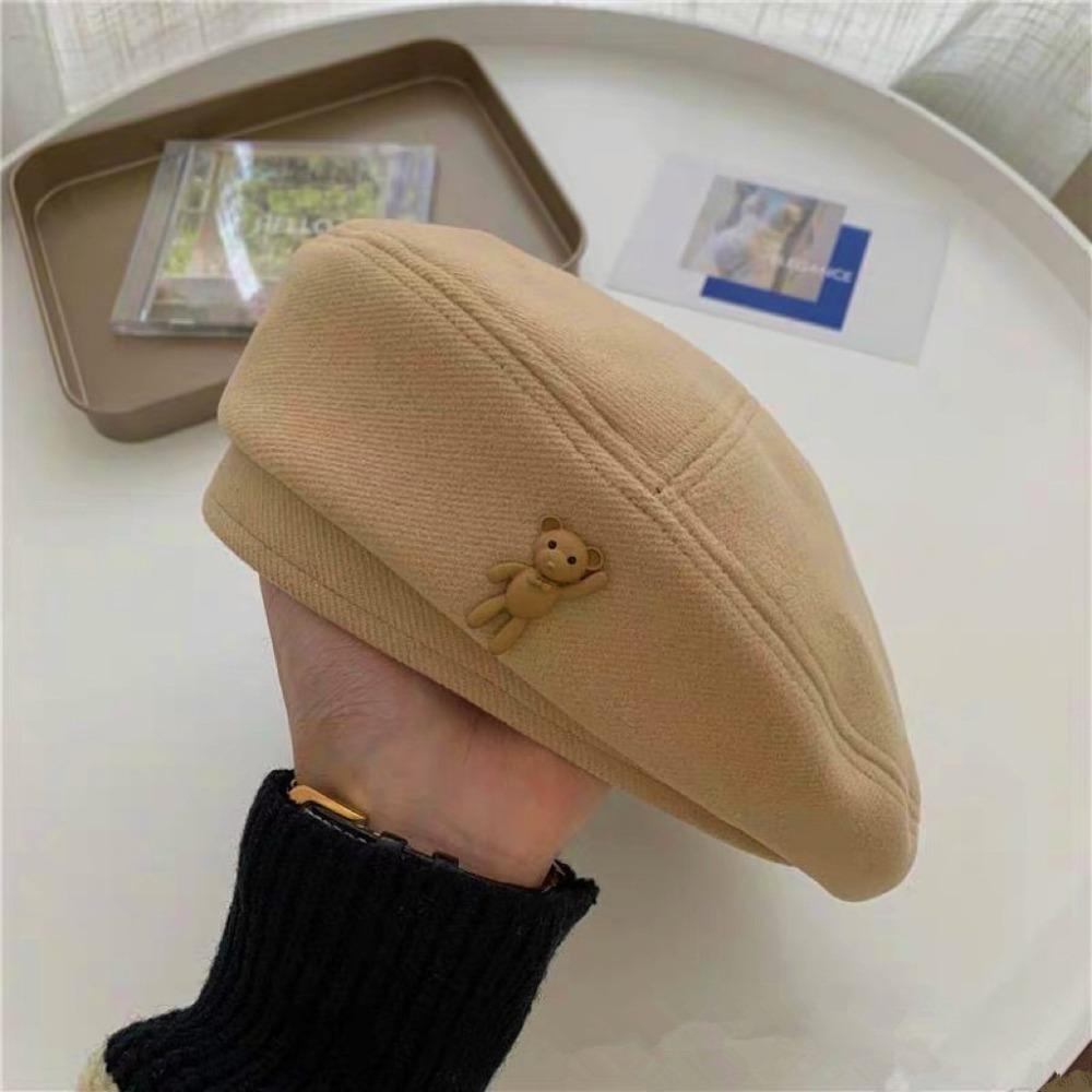 Solid Color Woolen Newsboy Hat Little Bear Beret Hat Retro Cloud Painter Cap Women Girl