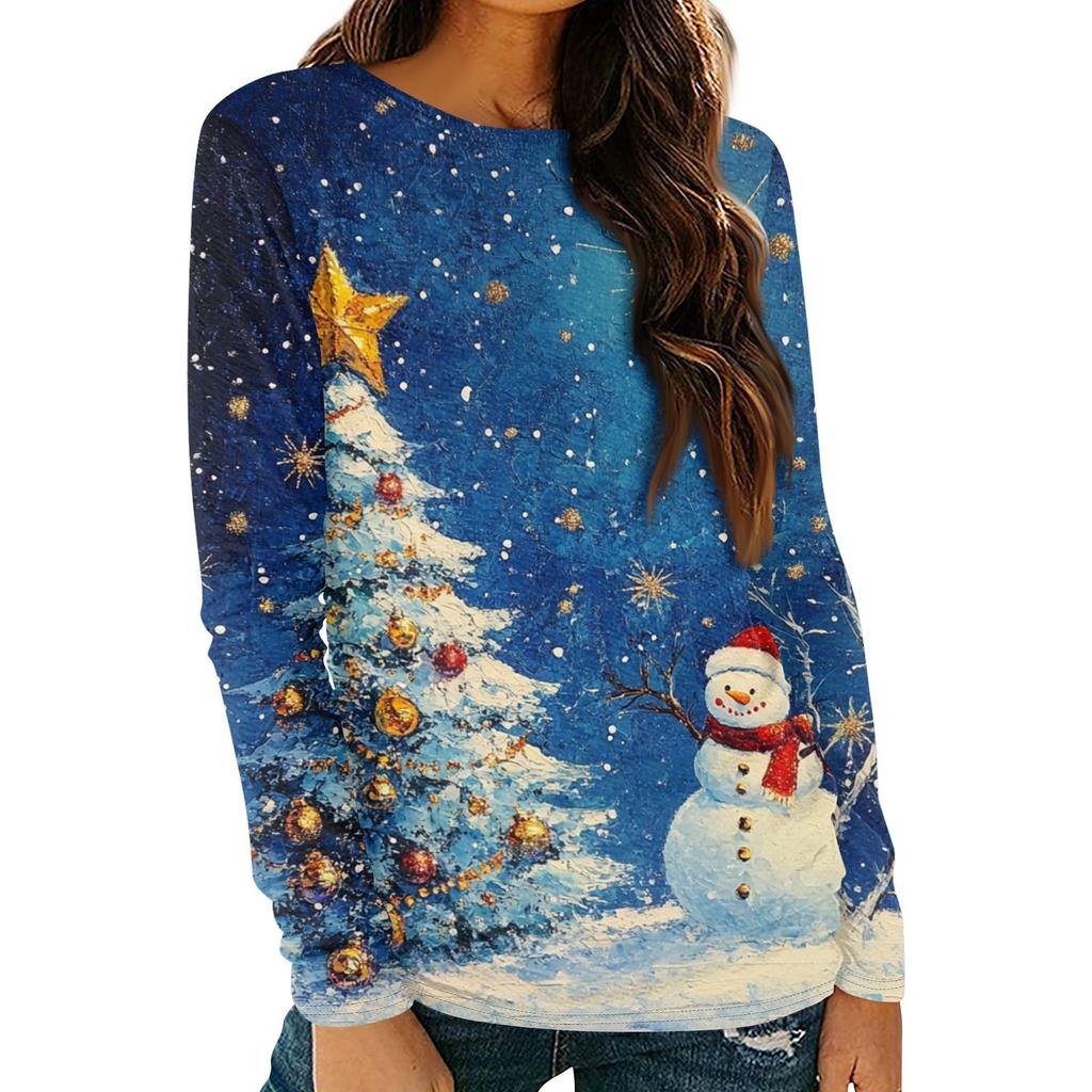 Женская мода круглый вырез пуловер с глубокими рукавами футболка с рождественским принтом топ