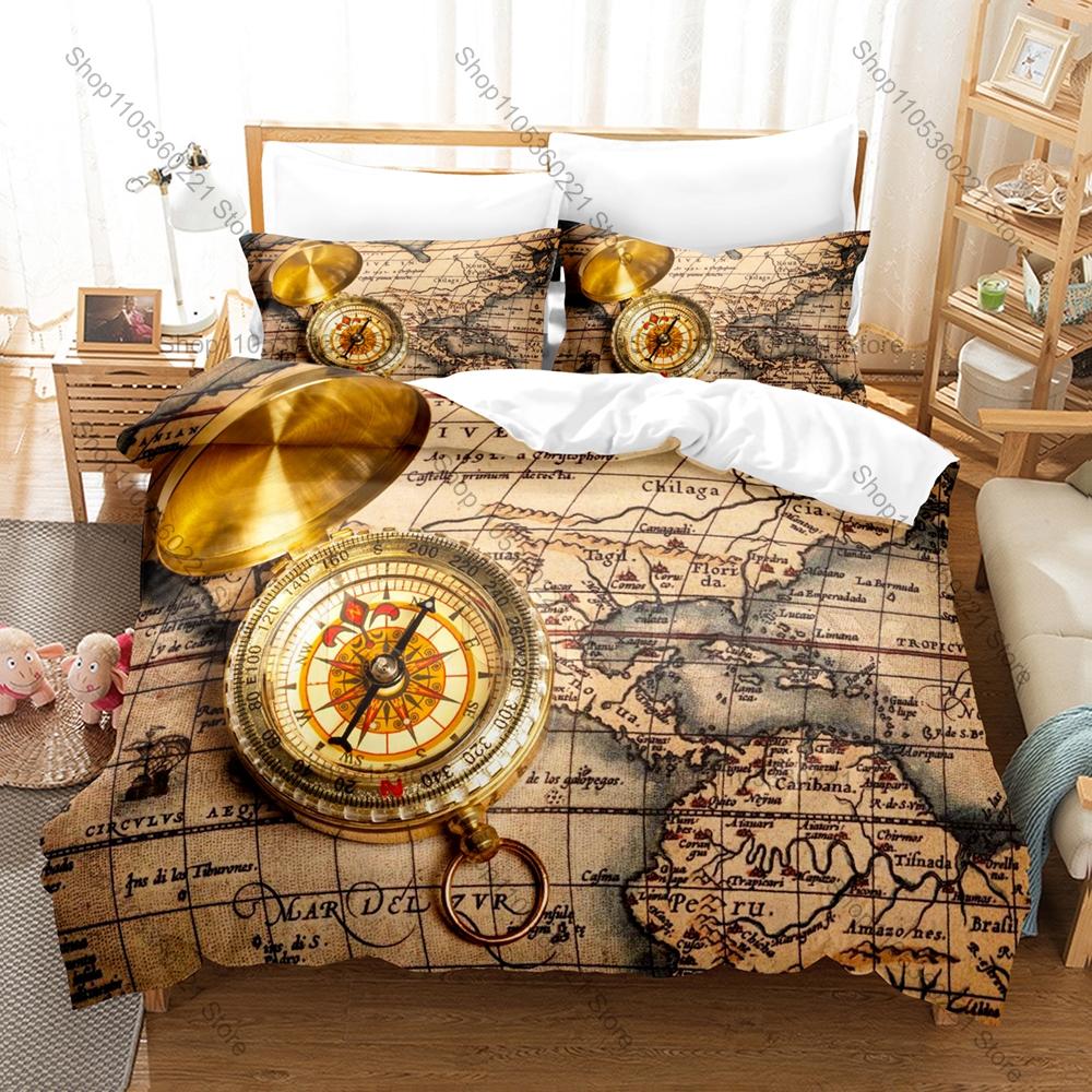 Retro Map Compass Bedding Set, Duvet Cover + 2 Pillowcases, Classic Navigation Graphic Bed Linens