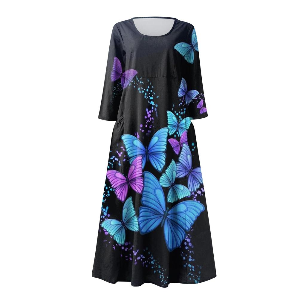 Летнее платье для женщин, повседневное удобное модное платье с карманом и рукавами 3/4 с принтом