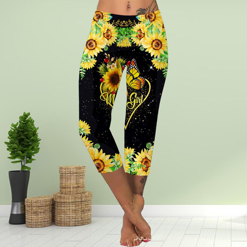 Брюки летние короткие леггинсы укороченные узкие брюки леггинсы больших размеров женские облегающие брюки с принтом 3D желтые подсолнухи и бабочки
