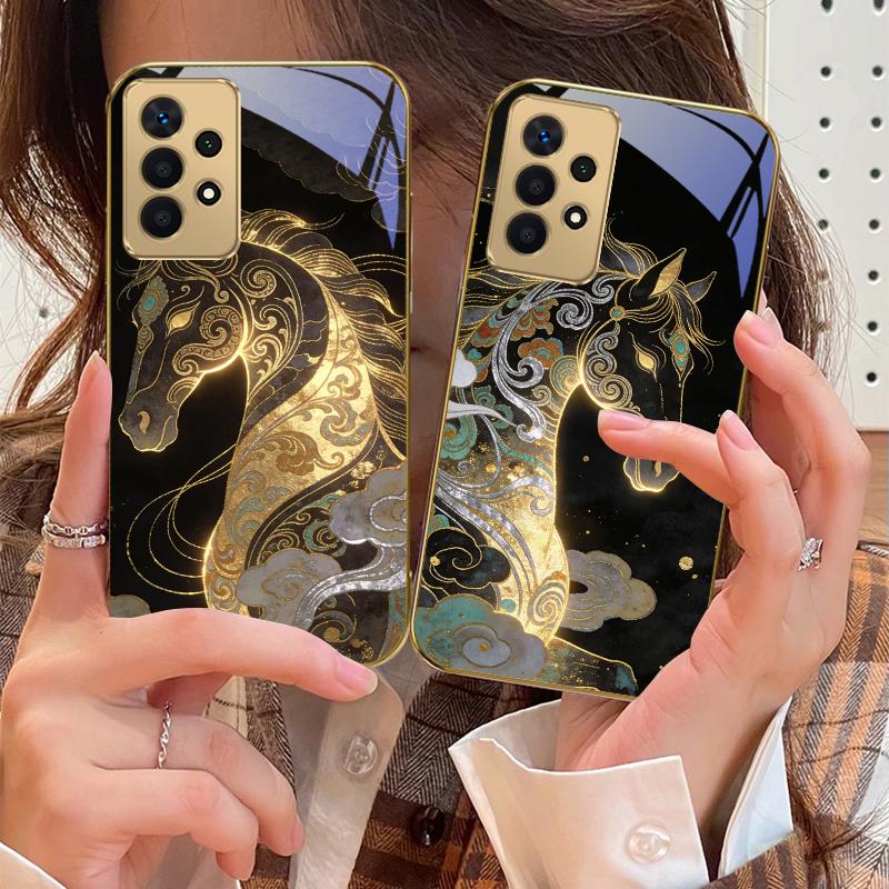Ruishou Golden Steed Для Samsung A73 A72 A71 A42 A56 A55 A54 A53 A52s A52 A51 A36 A35 A34 A33 A32 A16 14 Золотой стеклянный чехол для телефона