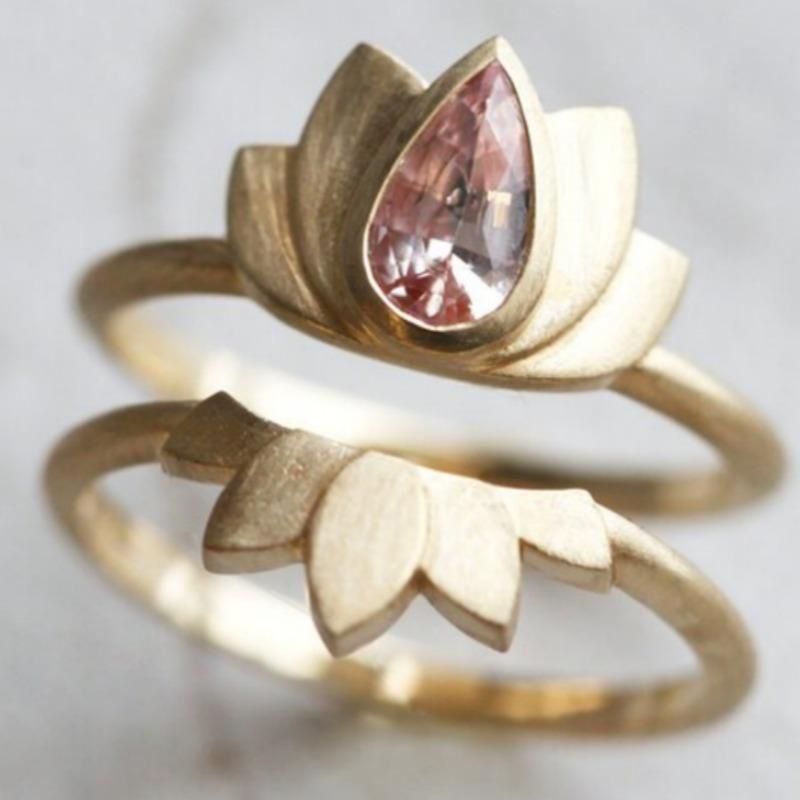 2 шт. Элегантный набор обручальных колец с лотосом золотистого цвета с розовым. Идеально подходит для свадеб и вечеринок