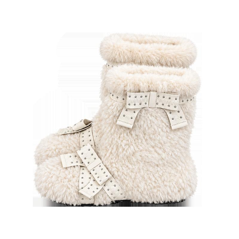 Fashion temperament White bow fluffy short boots Autumn and winter new plush warm comfortable versatile snow boots