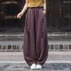 Johnature Women Vintage Bloomers Pants Elastic Waist Autumn Trousers Solid Color Loose Hole Long Pants