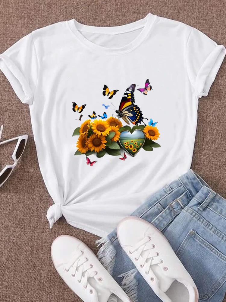 (Asian Size) Clothing Casual Flower Watercolor Trend Style Tshirt Women Short Sleeve Fashion Print Lady Tee Top Female Graphic T-shirts