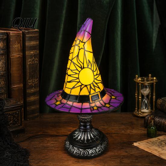 Halloween Desk Decor Stained Glass Witch Hat Lamp, Table Lamp with Inline Switch, USB Powered Small Bookshelf Accent Light Style for Bedroom