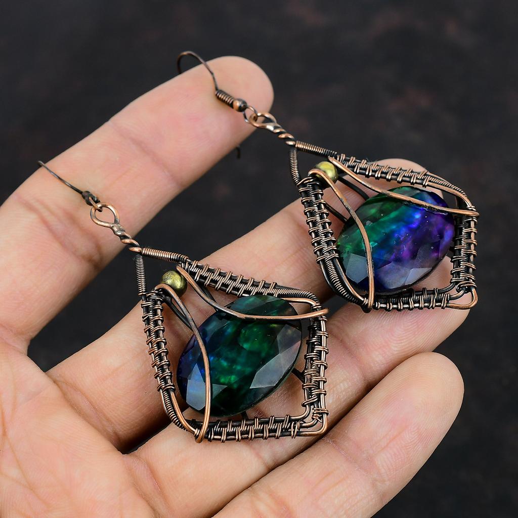 Faceted Ammolite Earring Copper Wire Wrapped Earrings Copper Jewelry Original Gemstone Earrings Handmade Jewelry Gifts For Mom Drop Earrings