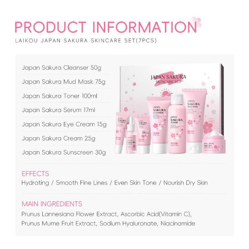 LAIKOU Japan Sakura Skin Care 7-pieces set, Face Cleanser Toner Serum Cream Mud Mask Sunscreen Eye Cream