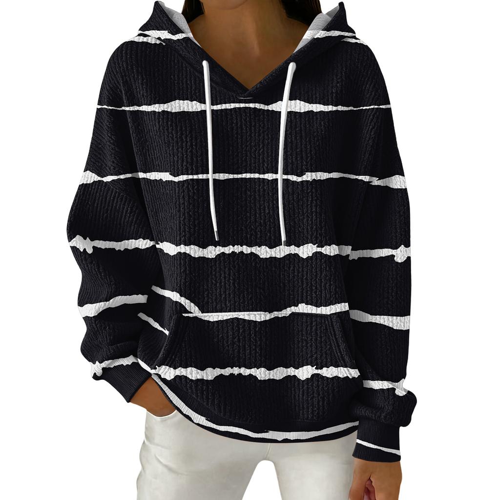 Women's Fashion Casual Striped Print Pullover Long-Sleeve Hooded Sweatshirt
