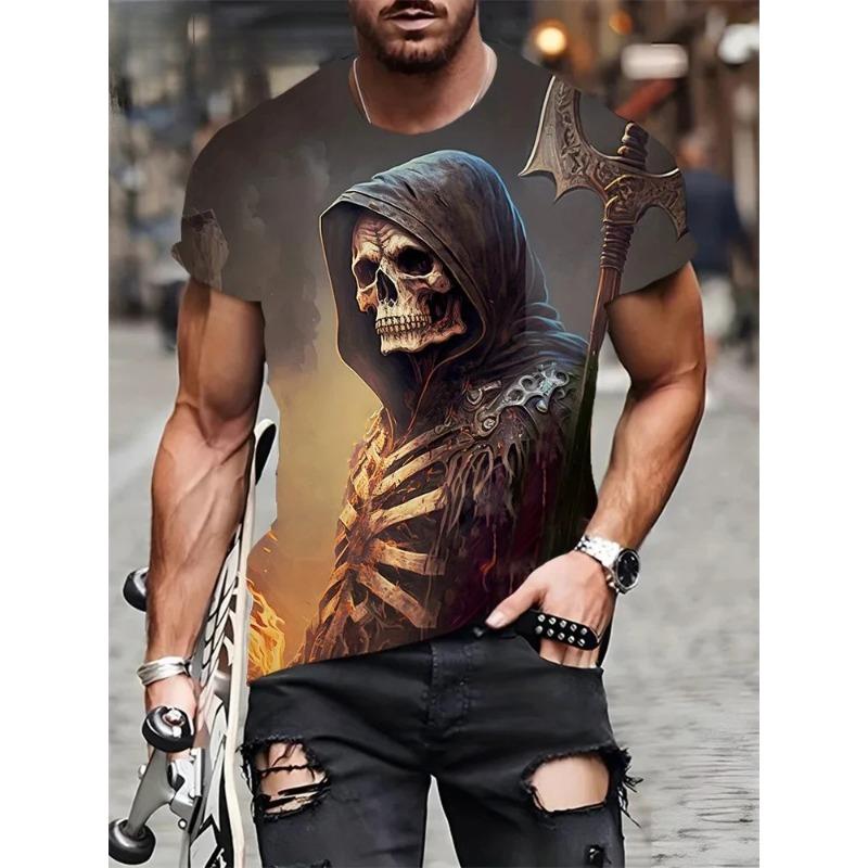 Мужская футболка с принтом ужасного черепа, 3D-принт, винтажный O-образный вырез, короткий рукав, модные футболки больших размеров, мужская летняя уличная одежда