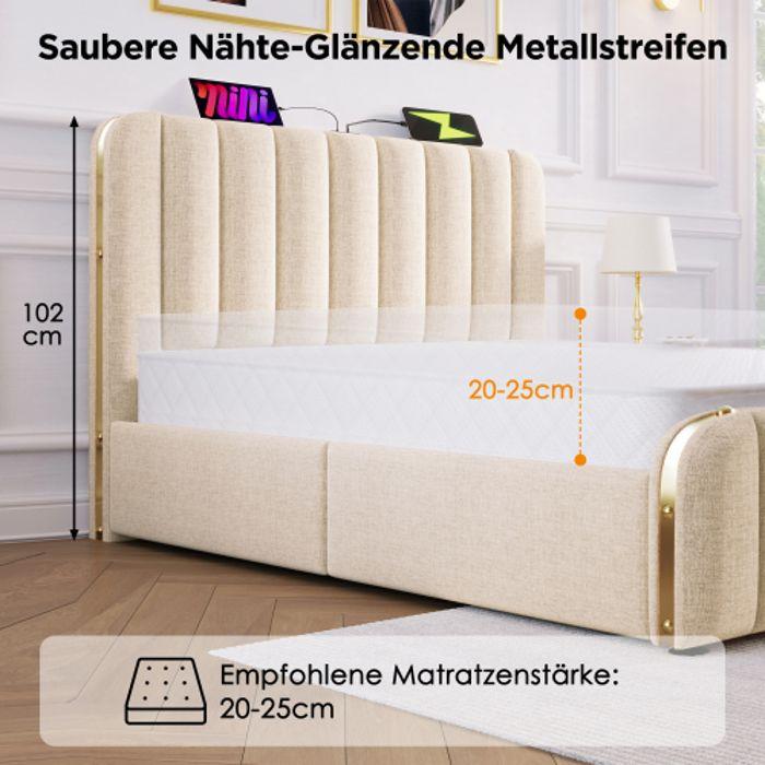Lit rembourré - Golden Stripe - 160x200 cm - Lin beige - 4 tiroirs avec USB-C