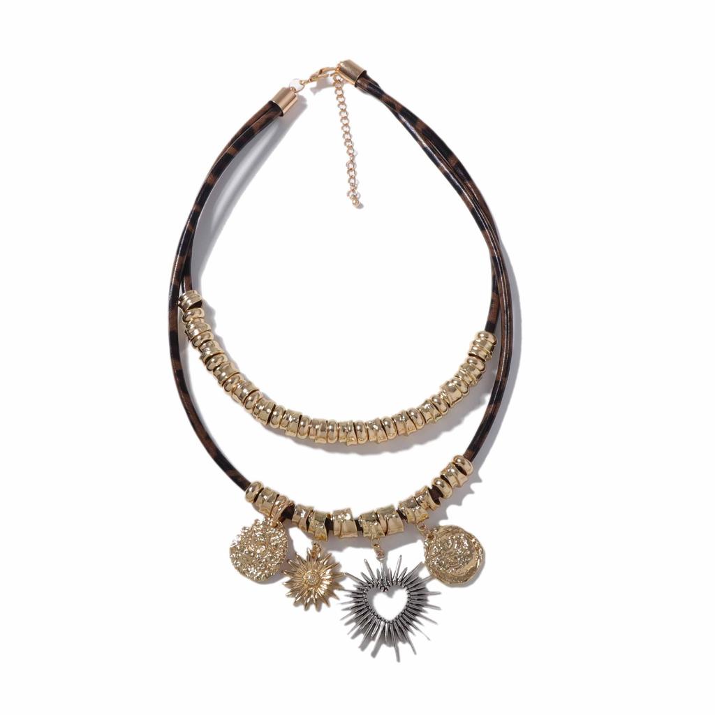 Ретро модный нишевый дизайн чувство двойной сплав полый любовь геометрическая подвеска кожаное женское ожерелье