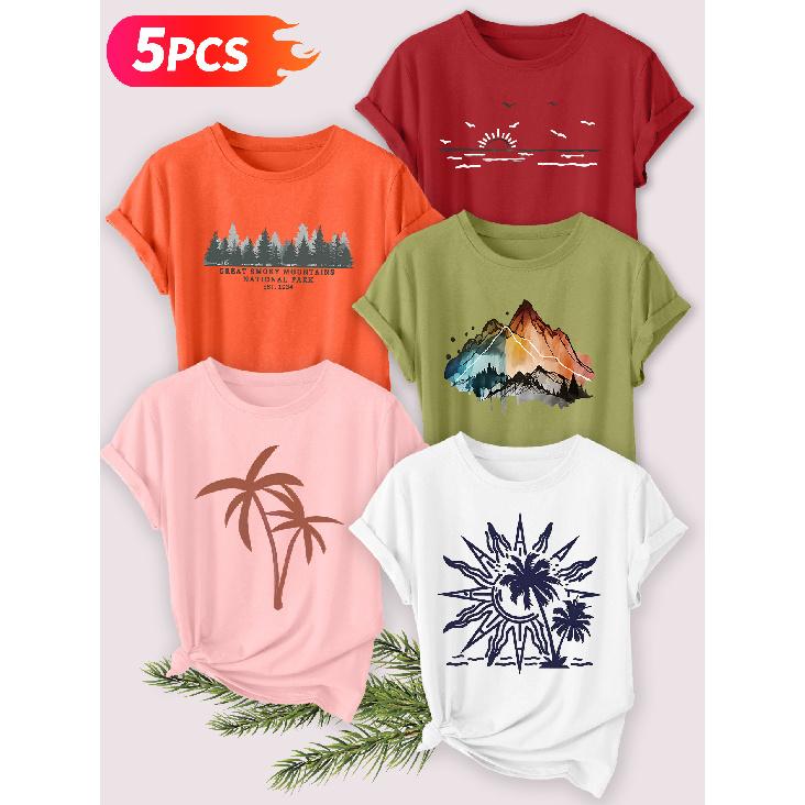 Five-piece set Elegant short-sleeved shirt for women Island Sunshine Series Printed Round Neck Women's Short Sleeve Shirt Suitable for Spring and